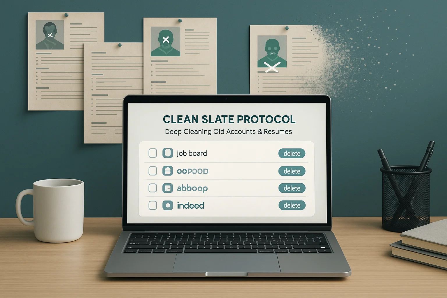 Professional implementing comprehensive clean slate protocol systematically discovering and eliminating old resumes and zombie job board accounts across internet