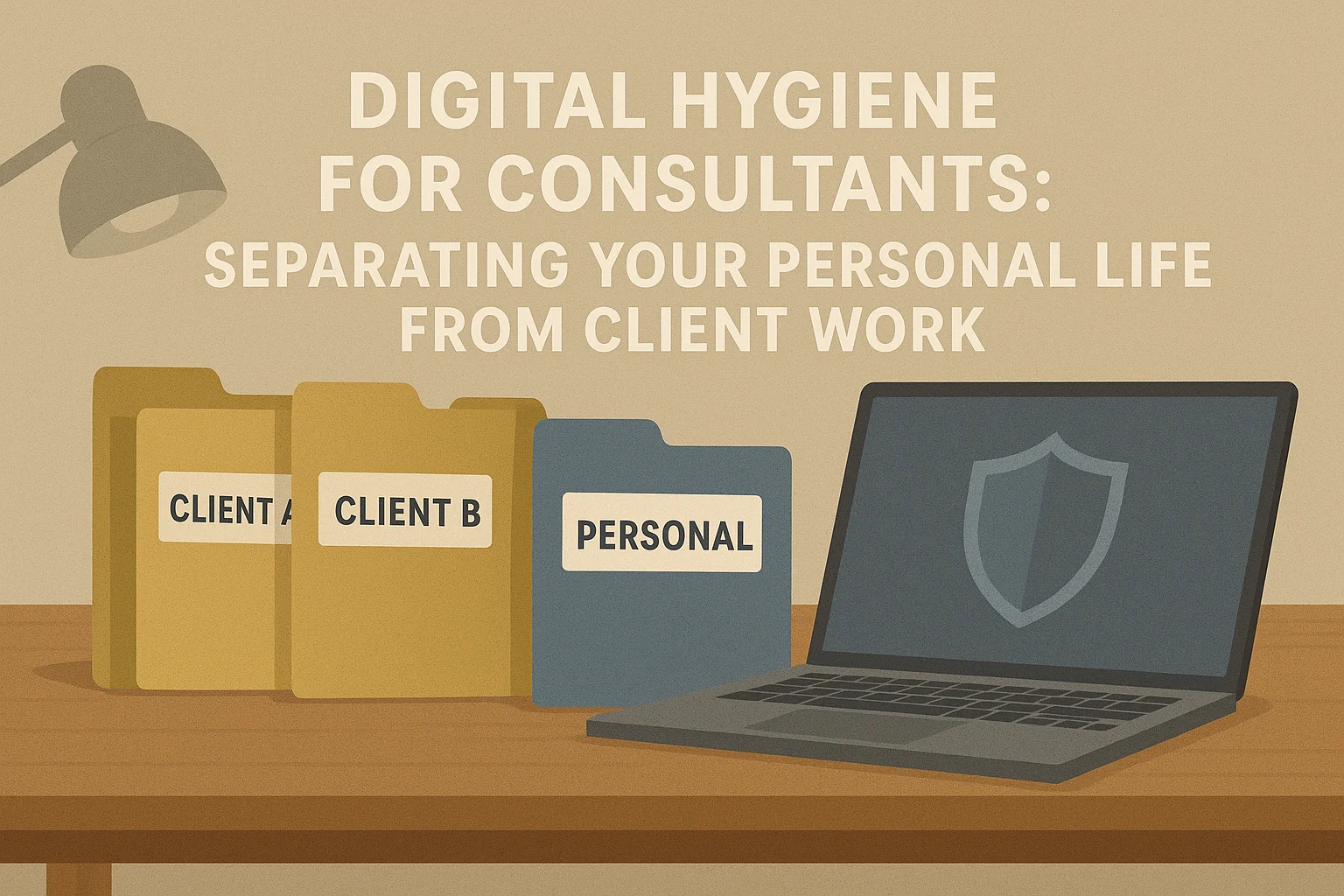 Consultant managing multiple client relationships with organized digital workspace and secure information separation