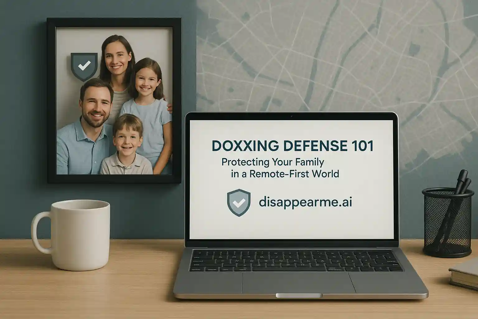 Family protected by digital security shield preventing doxxing and address exposure in remote work environment