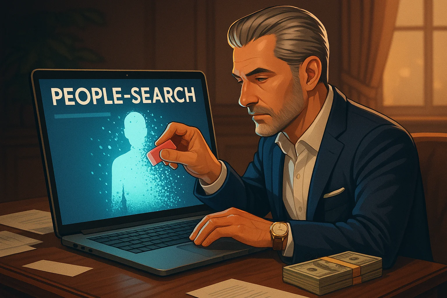 High-net-worth individual implementing comprehensive people-search database suppression and wealth protection privacy protocols