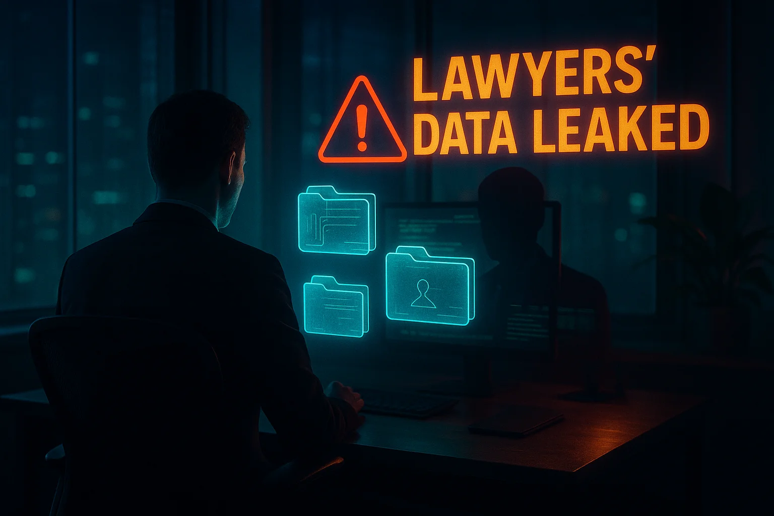 Attorney working on secure legal documents with cybersecurity protection shielding client data from data breaches and doxxing attacks