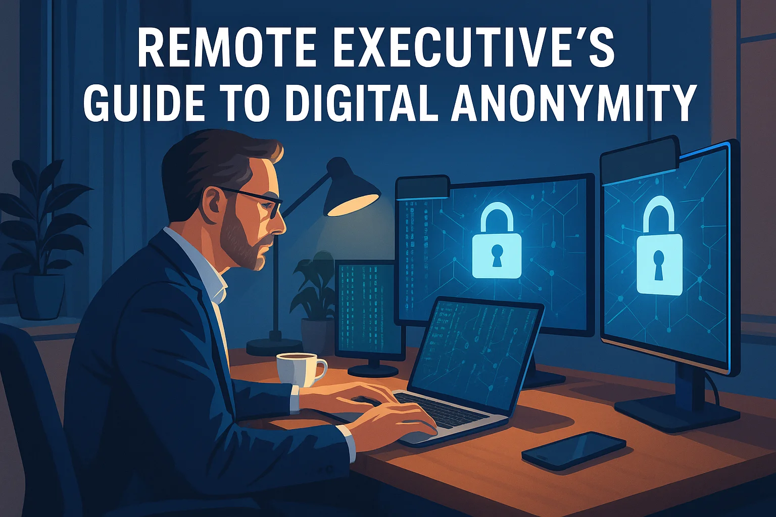 Remote executive implementing advanced digital anonymity protocols and corporate espionage countermeasures in secure home office environment