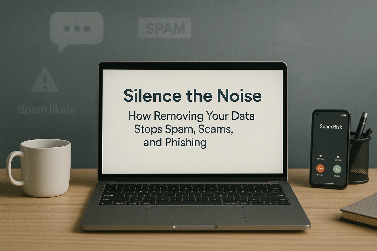 Professional at focused desk surrounded by digital noise filtering indicating spam call and phishing elimination