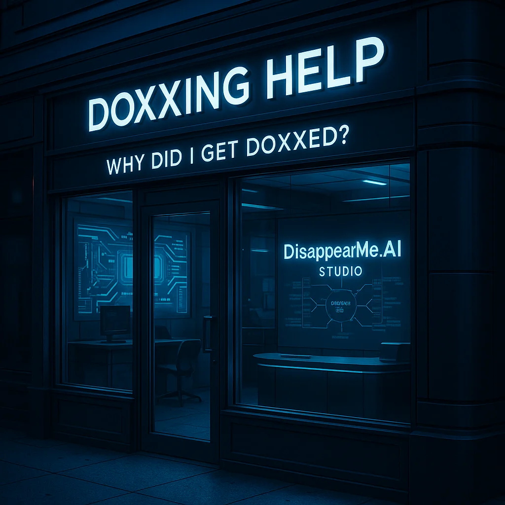 Executive surrounded by exposed personal data, family photos, and home address with digital shields and data removal protection layers